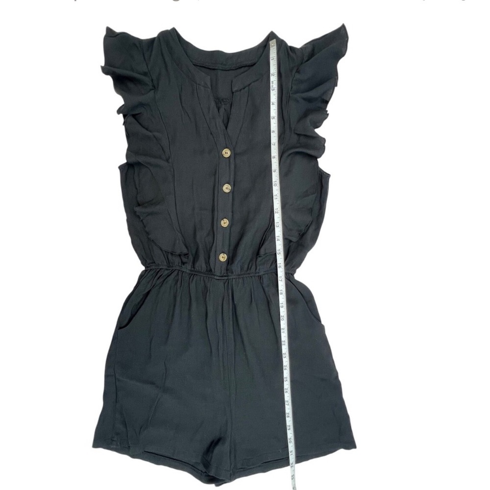 Ruffle Sleeve Romper Button Front Elastic Waist Casual Comfy Black S